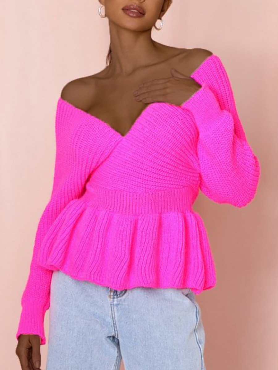 

LW SXY Drop Shoulder Fold Ruffle Design Sweater, Rose red