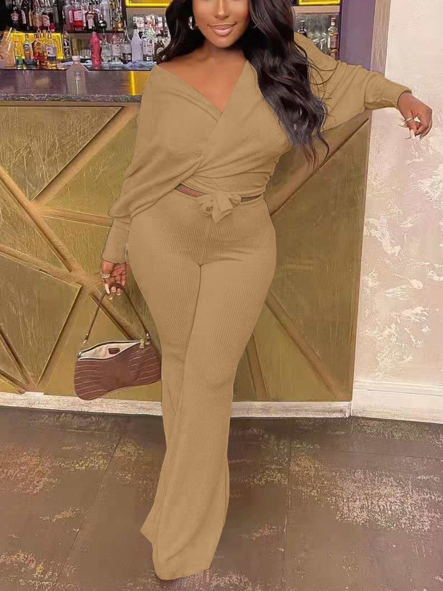 

LW Rib Knit Bandage Design Flared Pants Set, Khaki