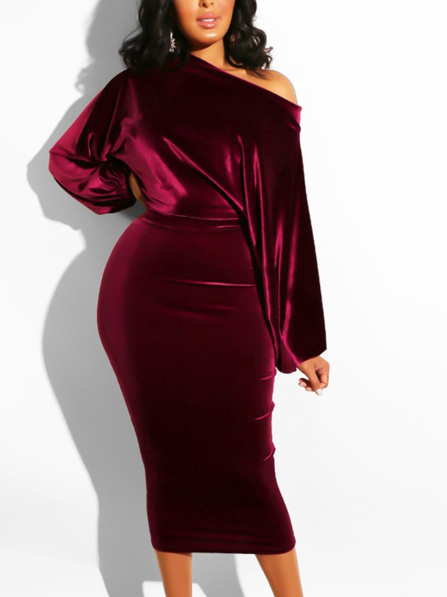 

LW Velvet Puff Sleeve Bodycon Dress, Wine red
