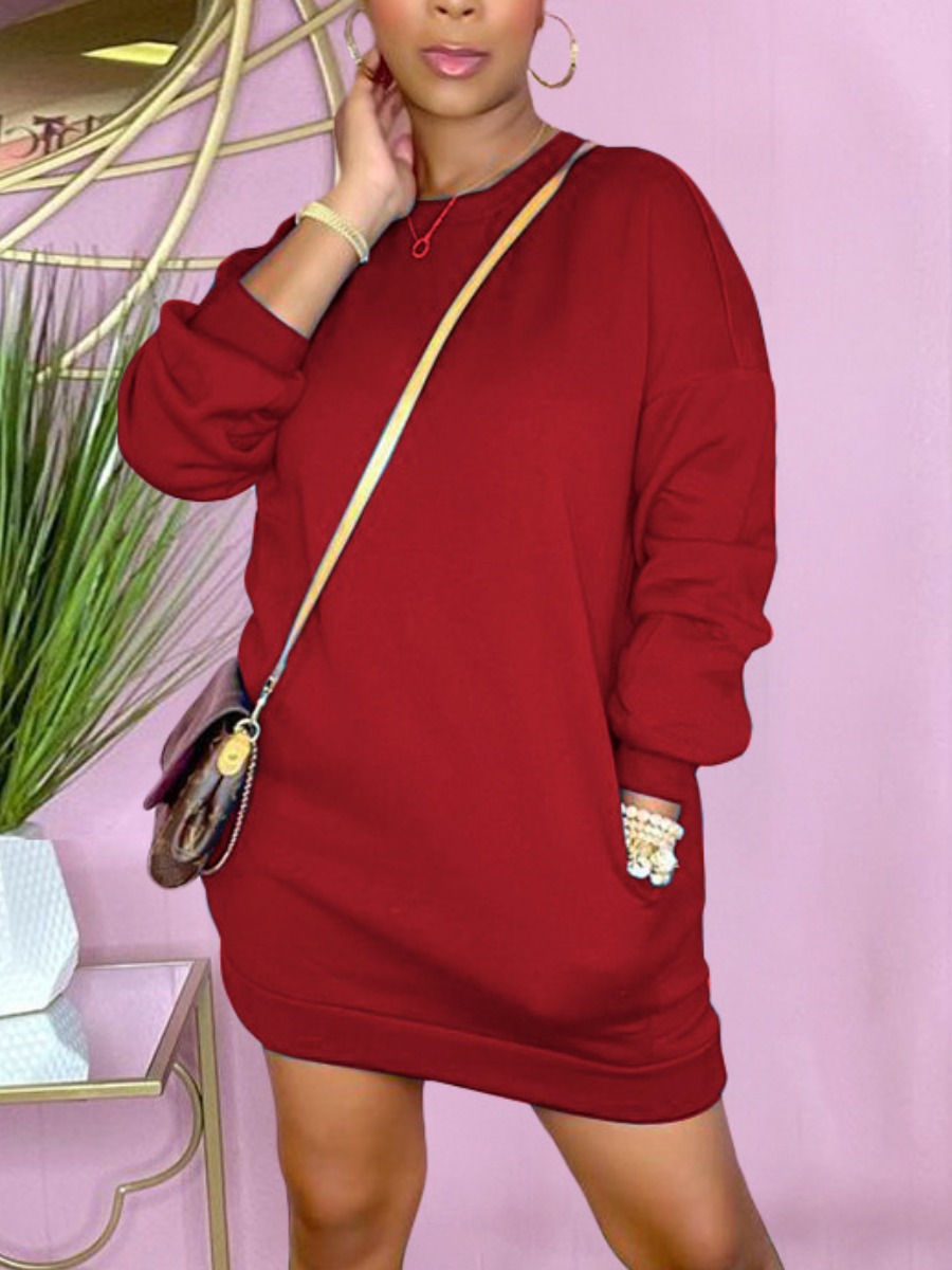 

LW BASICS Sweat Pocket Design Pullover Dress, Red