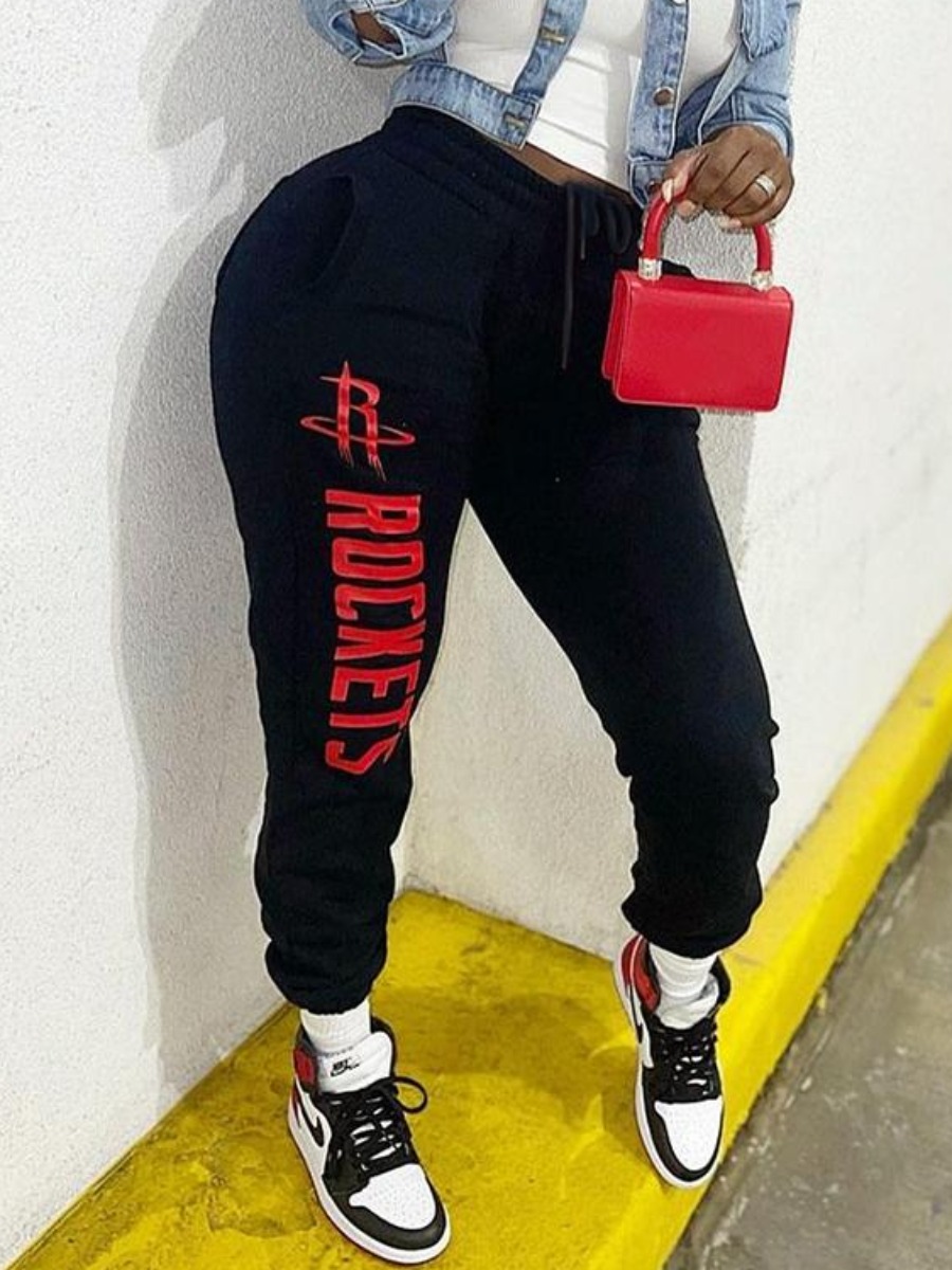 

LW Letter Print Drawstring Sweatpants, Black