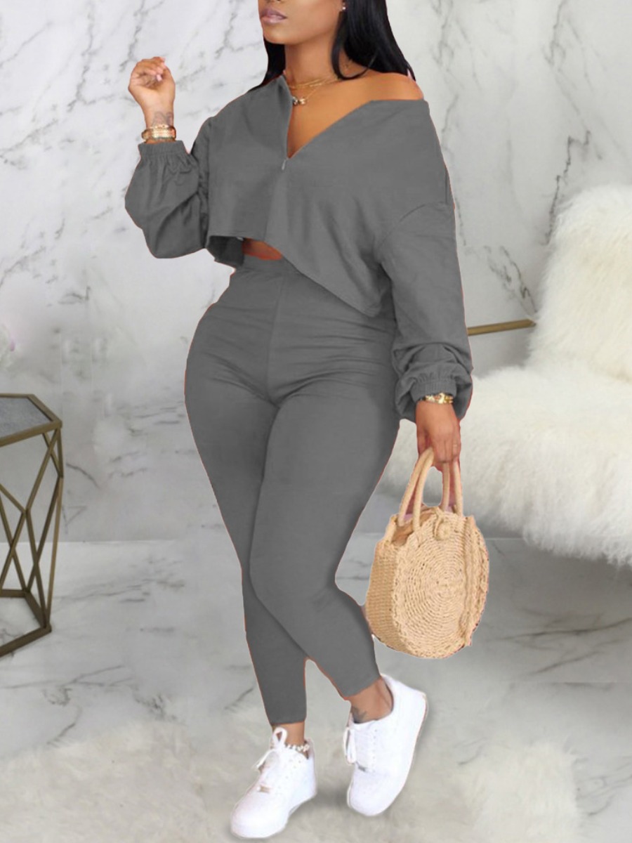 

LW Plus Size Zipper Design CropTop Pants Set, Light grey
