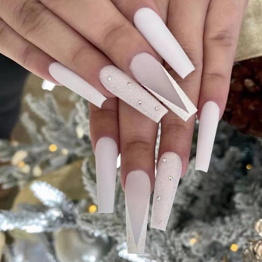 

LW 24pcs Geometric Pattern Color lump Fake Nail, White