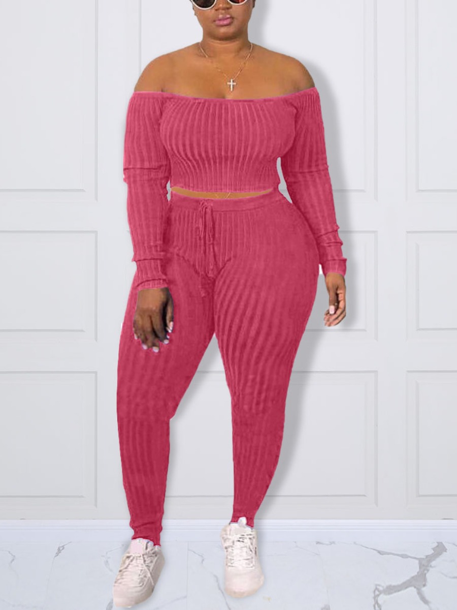 

LW Plus Size Velvet Rib Knit Bandage Basic Pants Set, Watermelon red