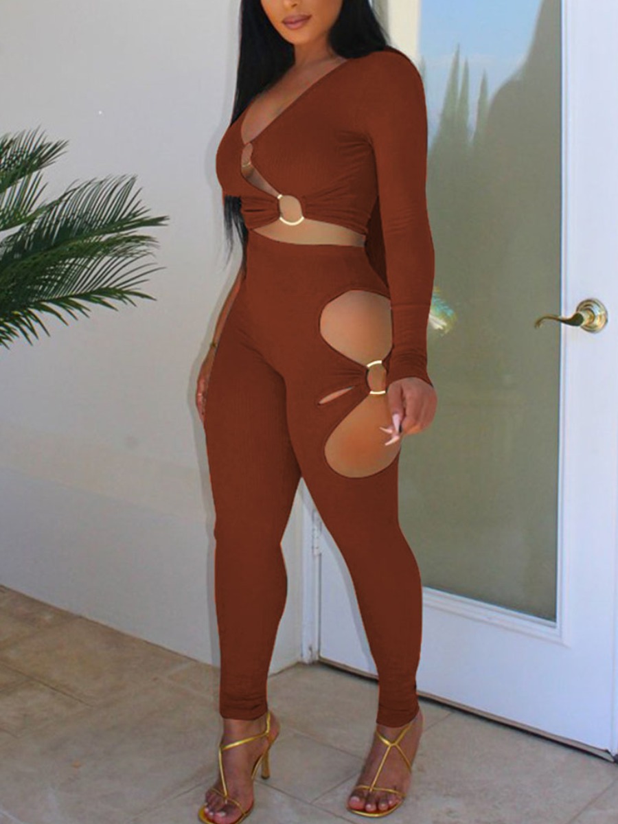 

LW SXY Hollow-out Design Ring Decor Pants Set, Brown