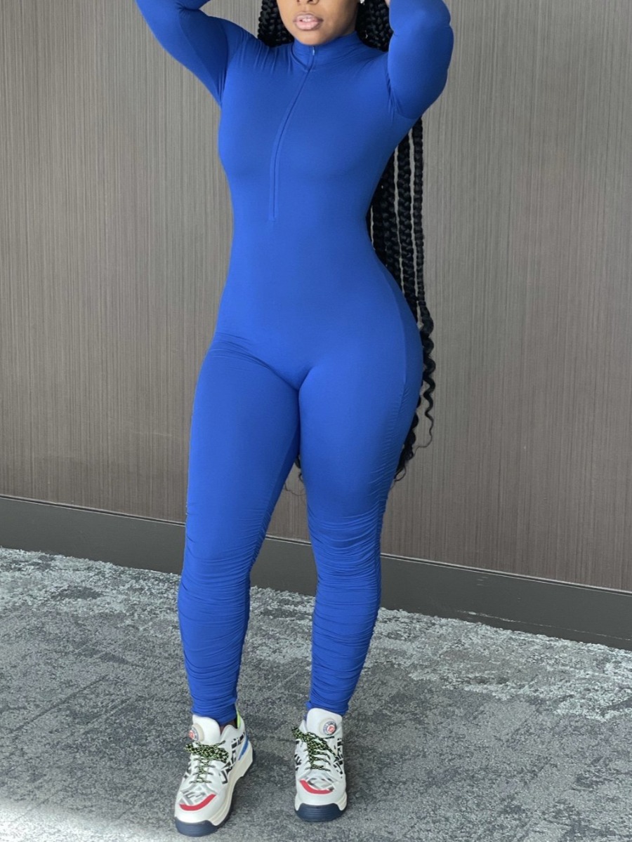 

LW BASICS Zipper Design Ruched Skinny Jumpsuit, Blue