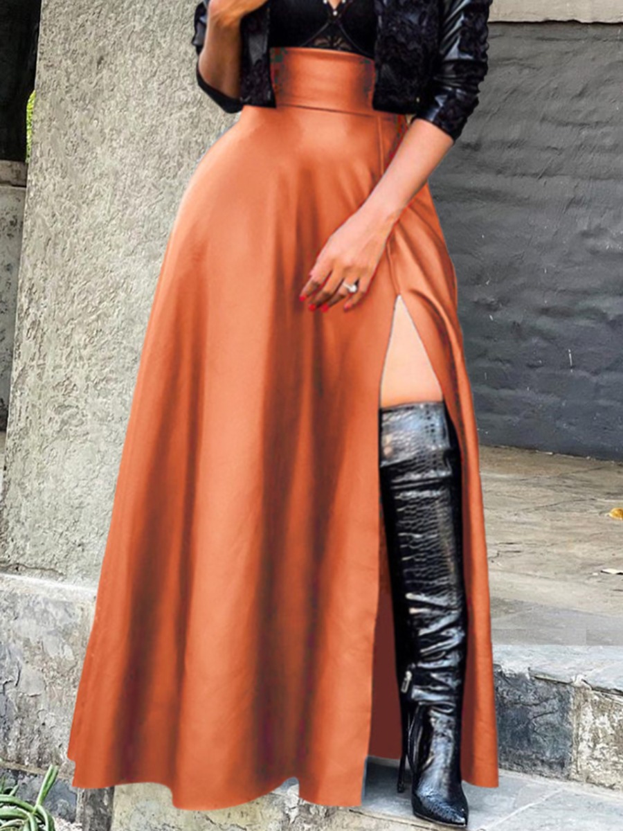 

LW Leather High Rise Split Loose Skirt, Brown