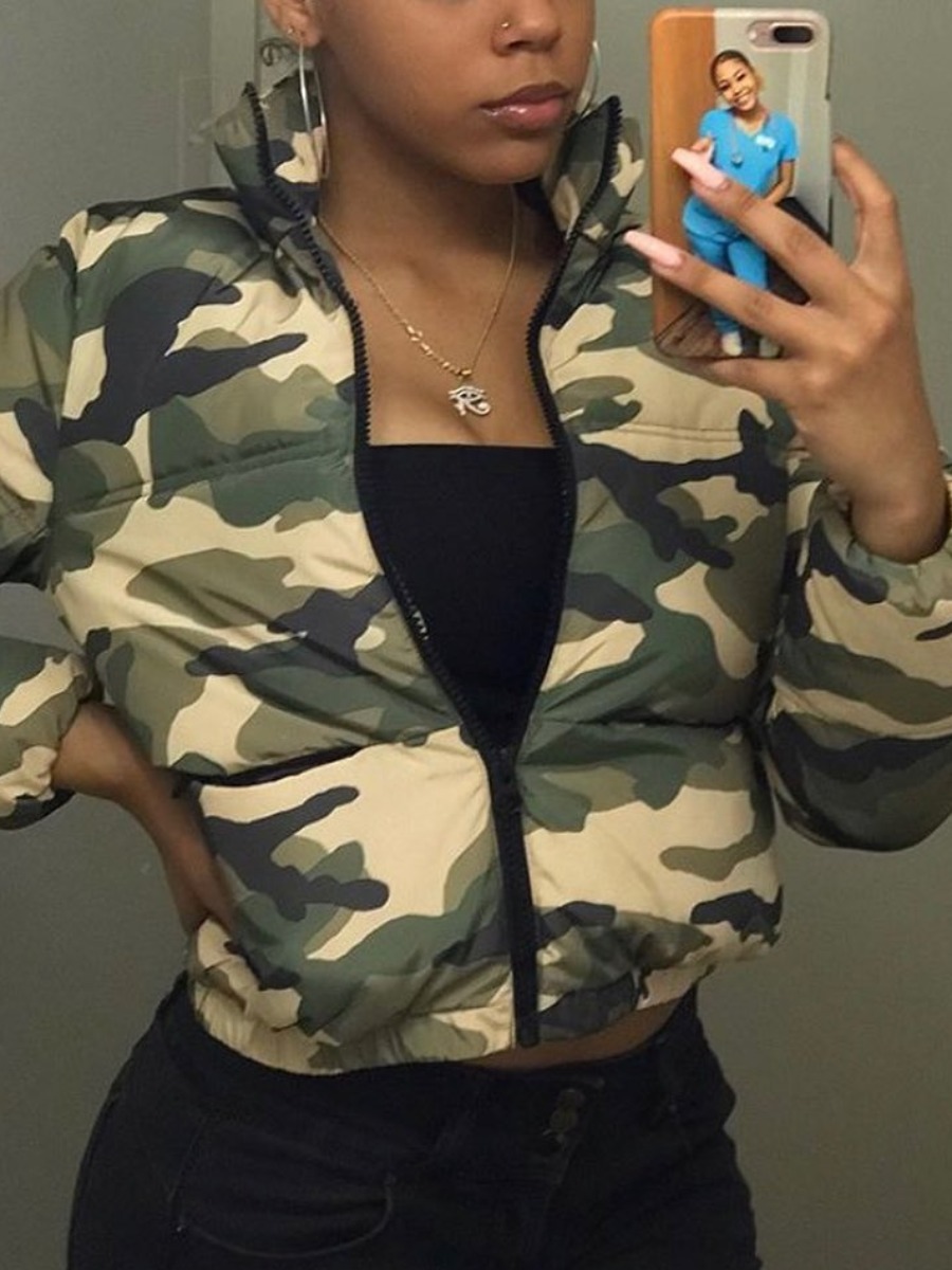 

LW Zipper Design Camo Print Parka