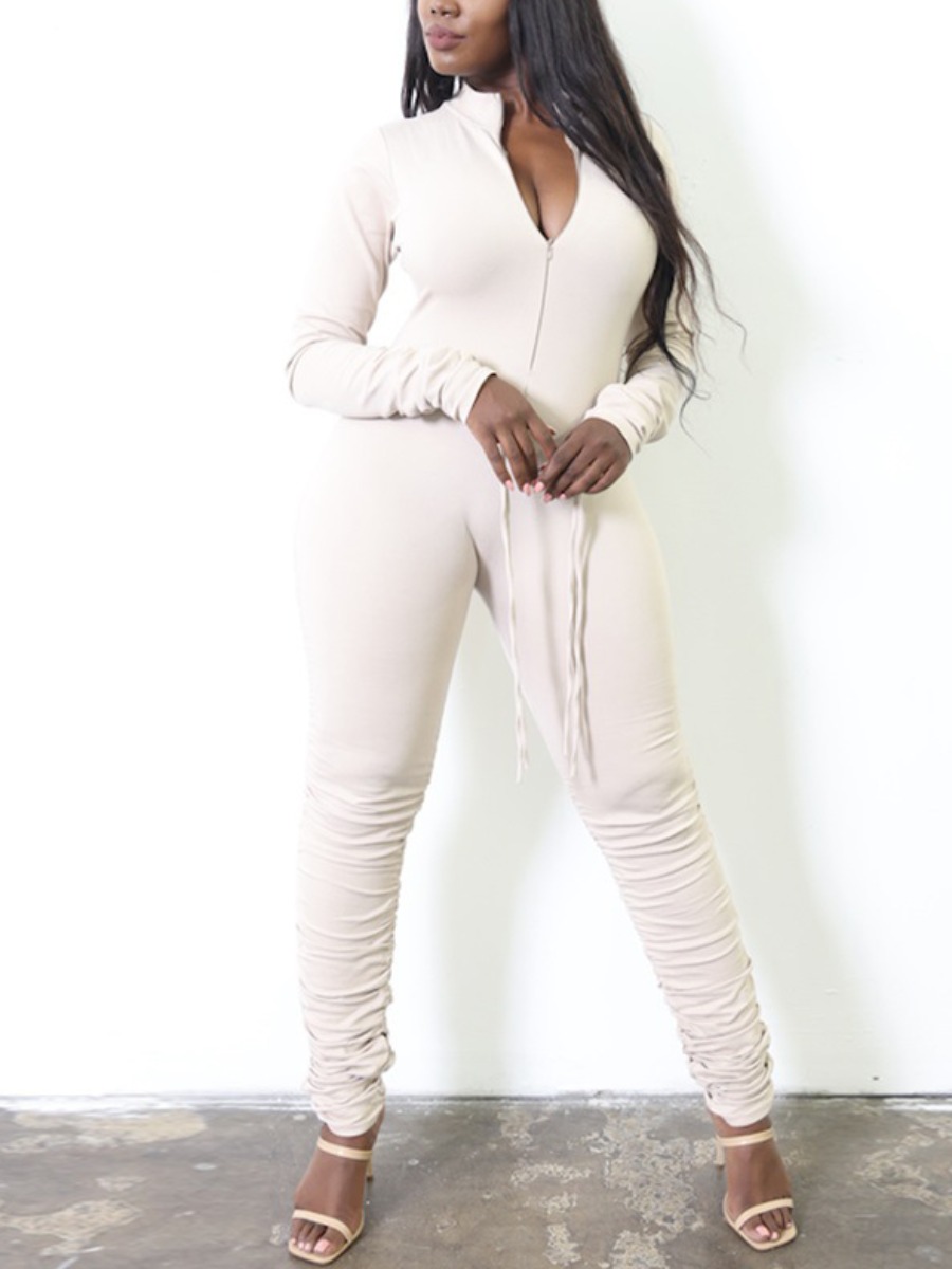 

LW Zipper Design Ruched Basic Skinny Jumpsuit, White