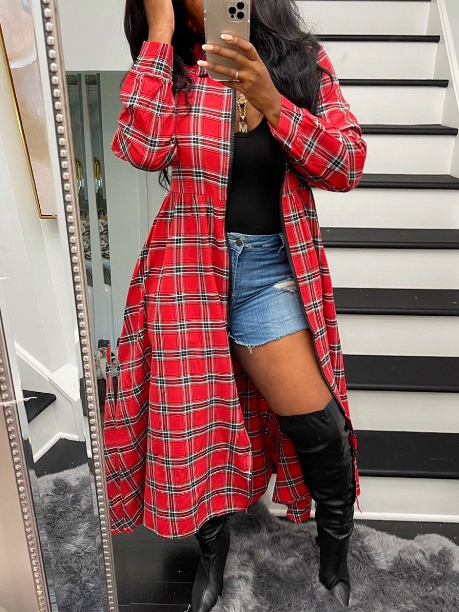 

LW Zipper Design Plaid Oversized Coat, Red