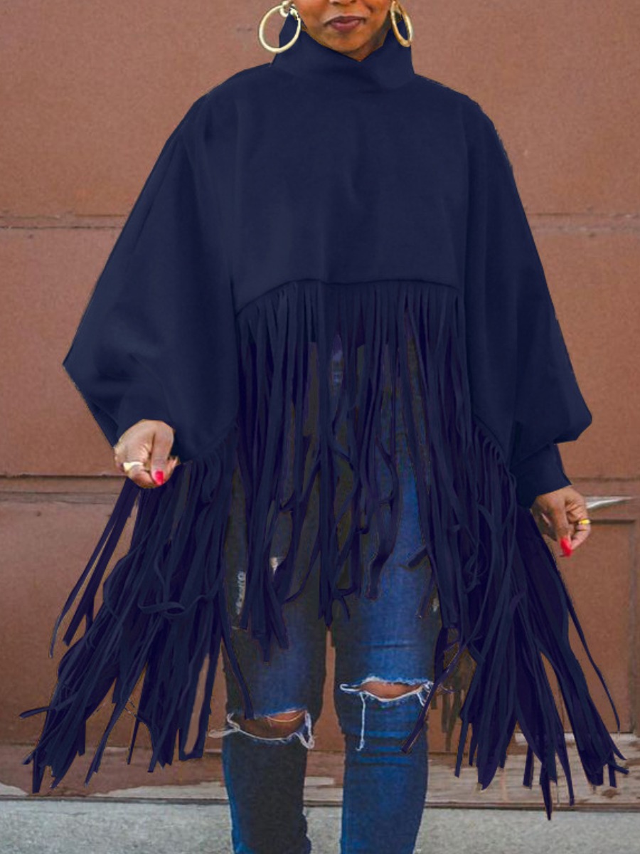 

LW Plus Size Tassel Design Lantern Sleeve Overcoat Sweatshirt, Navy blue