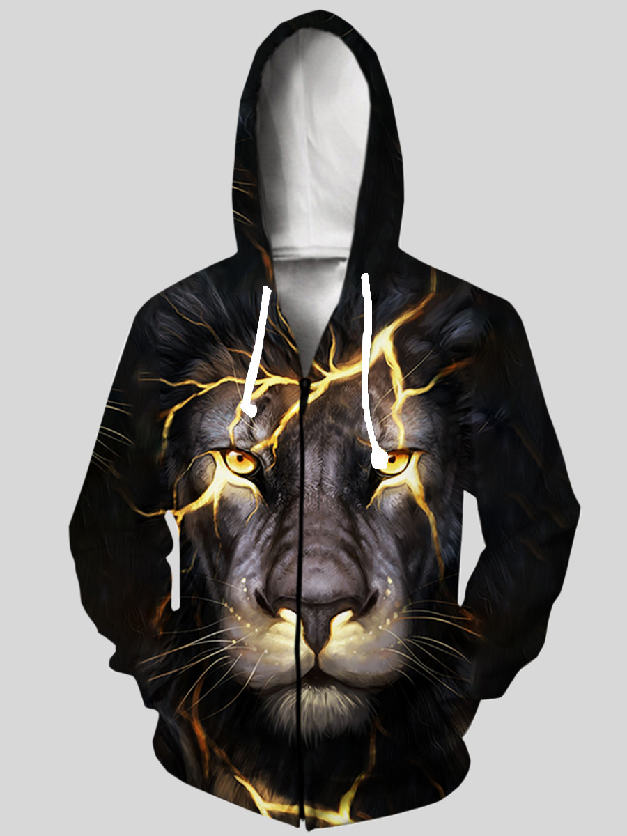 

LW Men Lion Print Kangaroo Pocket Hoodie, Black