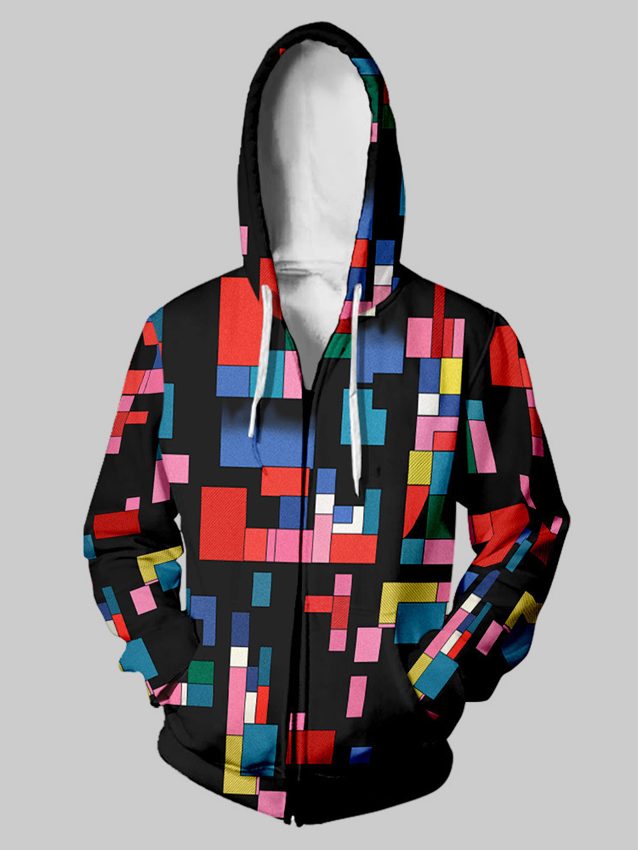 

LW Men Geometric Print Kangaroo Pocket Hoodie, Multi