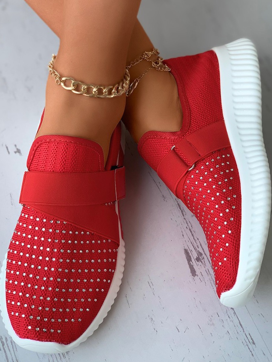 

LW Rhinestone Buckle Design Sneakers, Red