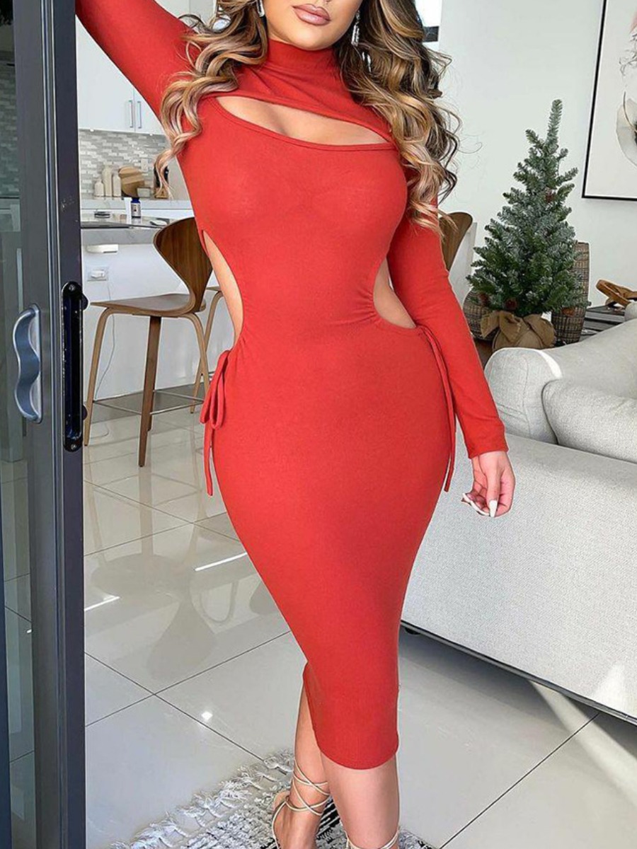 LW SXY Bandage Hollow-out Design Dress, Red