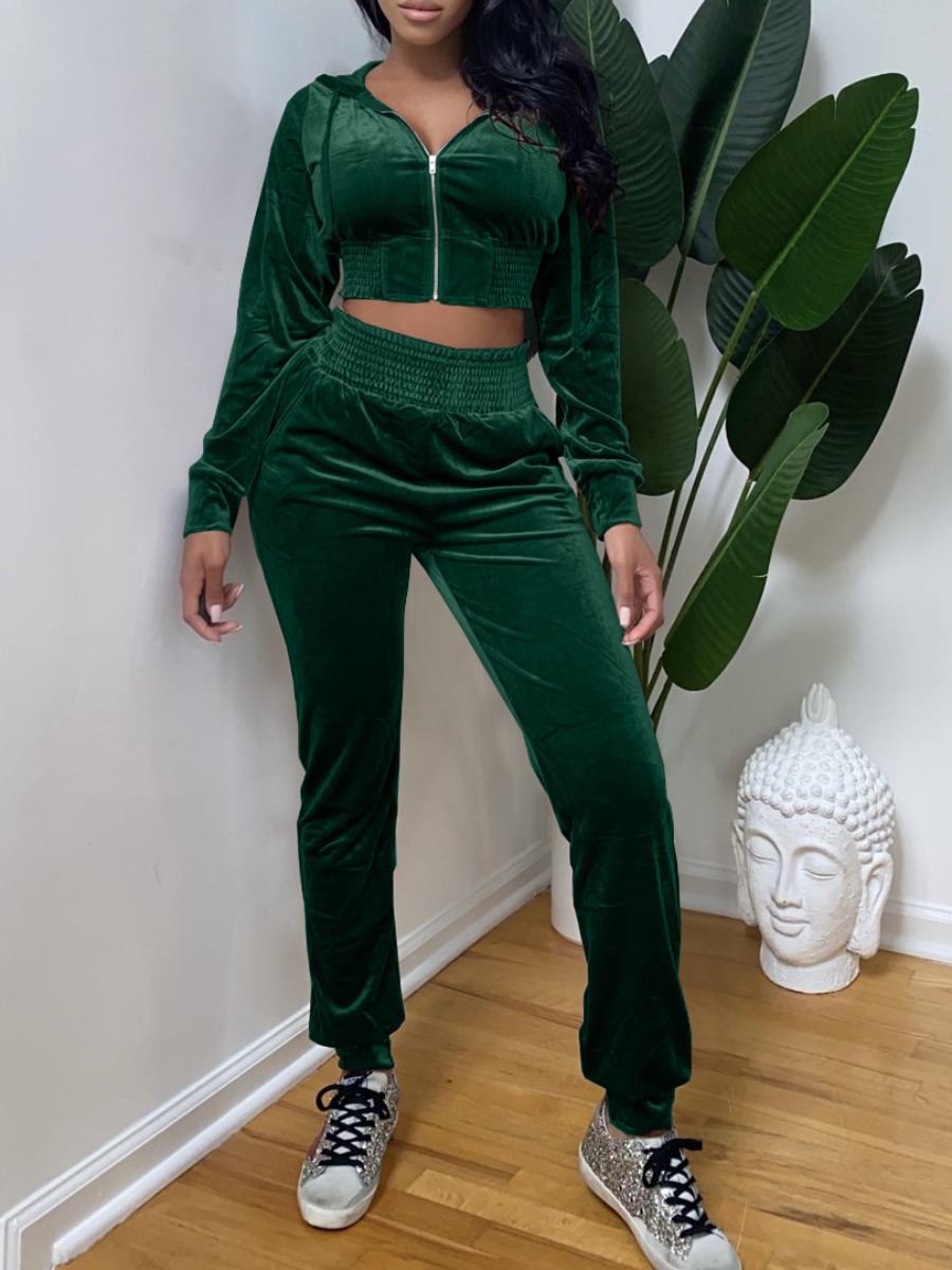 

LW Velvet Zipper Deisgn Crop Top Tracksuit Set, Green