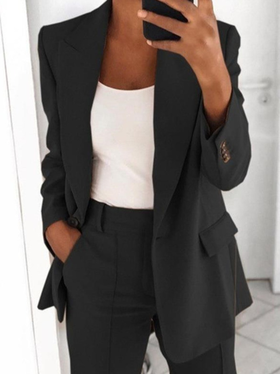 

LW Solid Single Button Pocket Design Blazer, Black