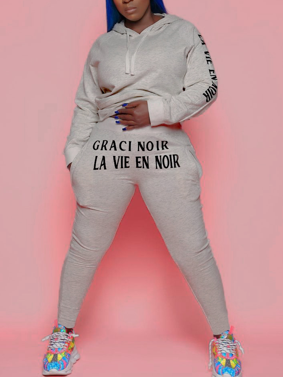 

LW Letter Print Pocket Tracksuit Set, Grey