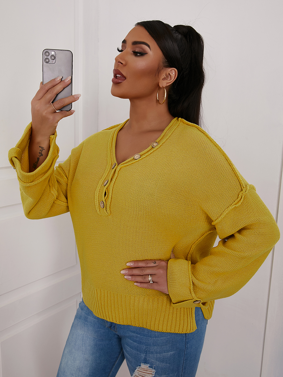 

LW V Neck Button Design Sweater, Yellow
