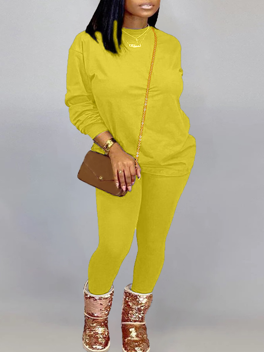 

LW O Neck Basic Skinny Pants Set, Yellow