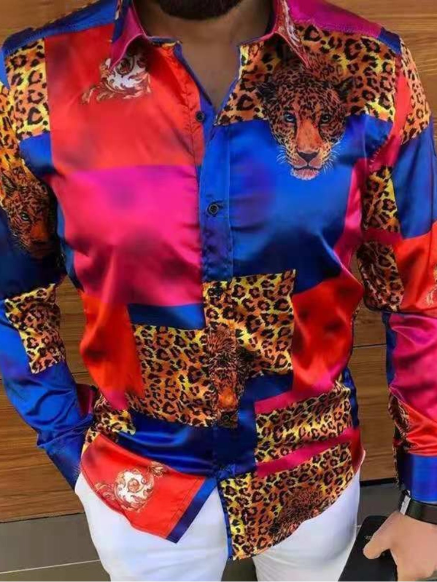 

LW Men Leopard Print Patchwork Shirt, Red