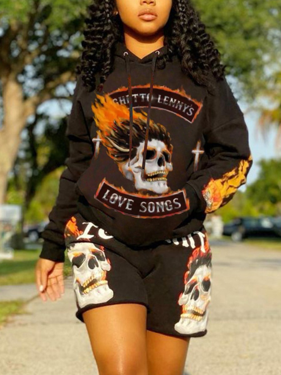 

LW Sweat Pocket Design Skull Head Print Regular Two-piece Shorts Set, Black