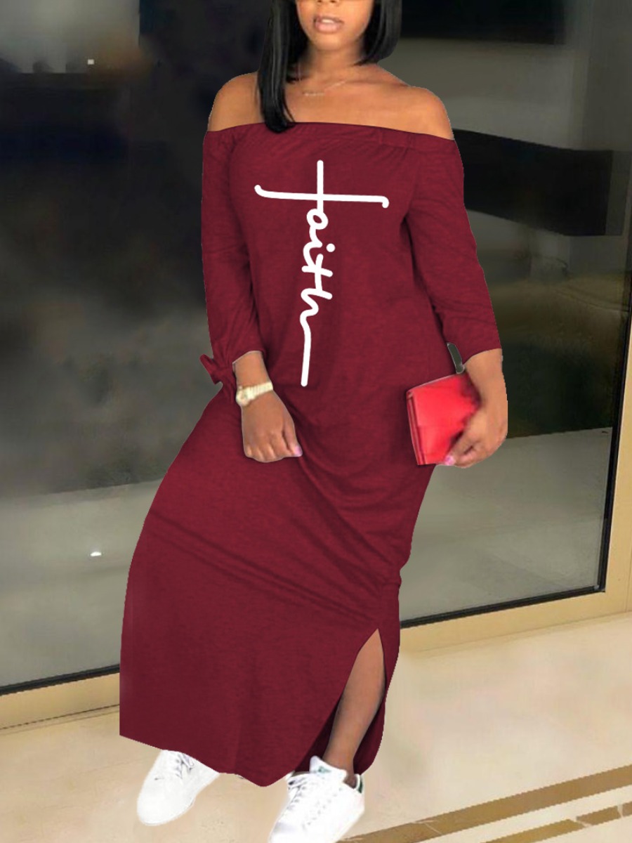 

LW Off The Shoulder Letter Print Slit Dress, Wine red