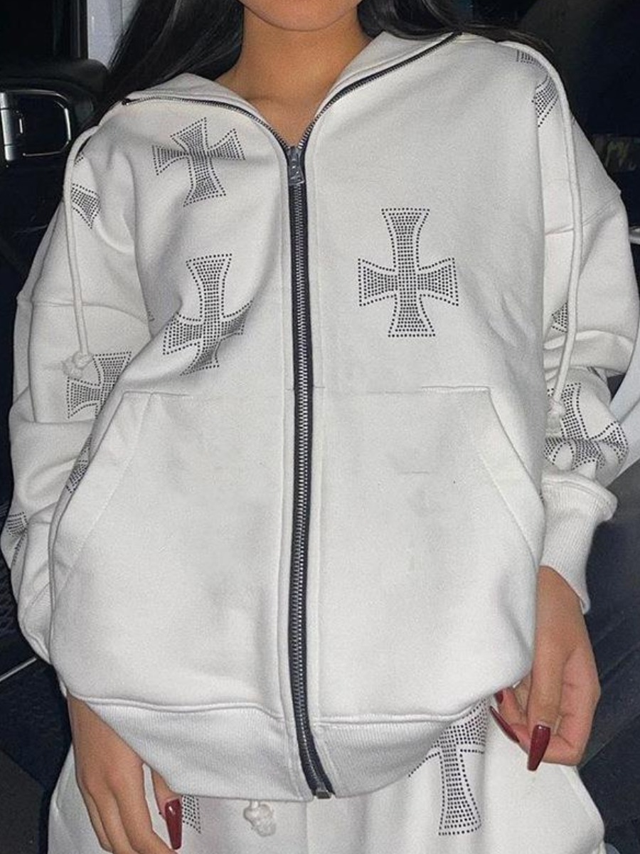 

LW Hooded Collar Cross Sequined Outerwear, White