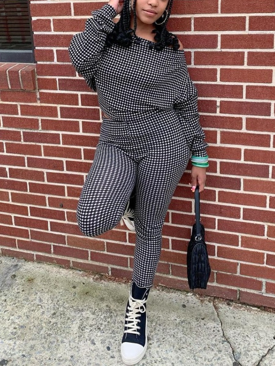 

LW Casual Off The Shoulder Plaid Pants Set, Black