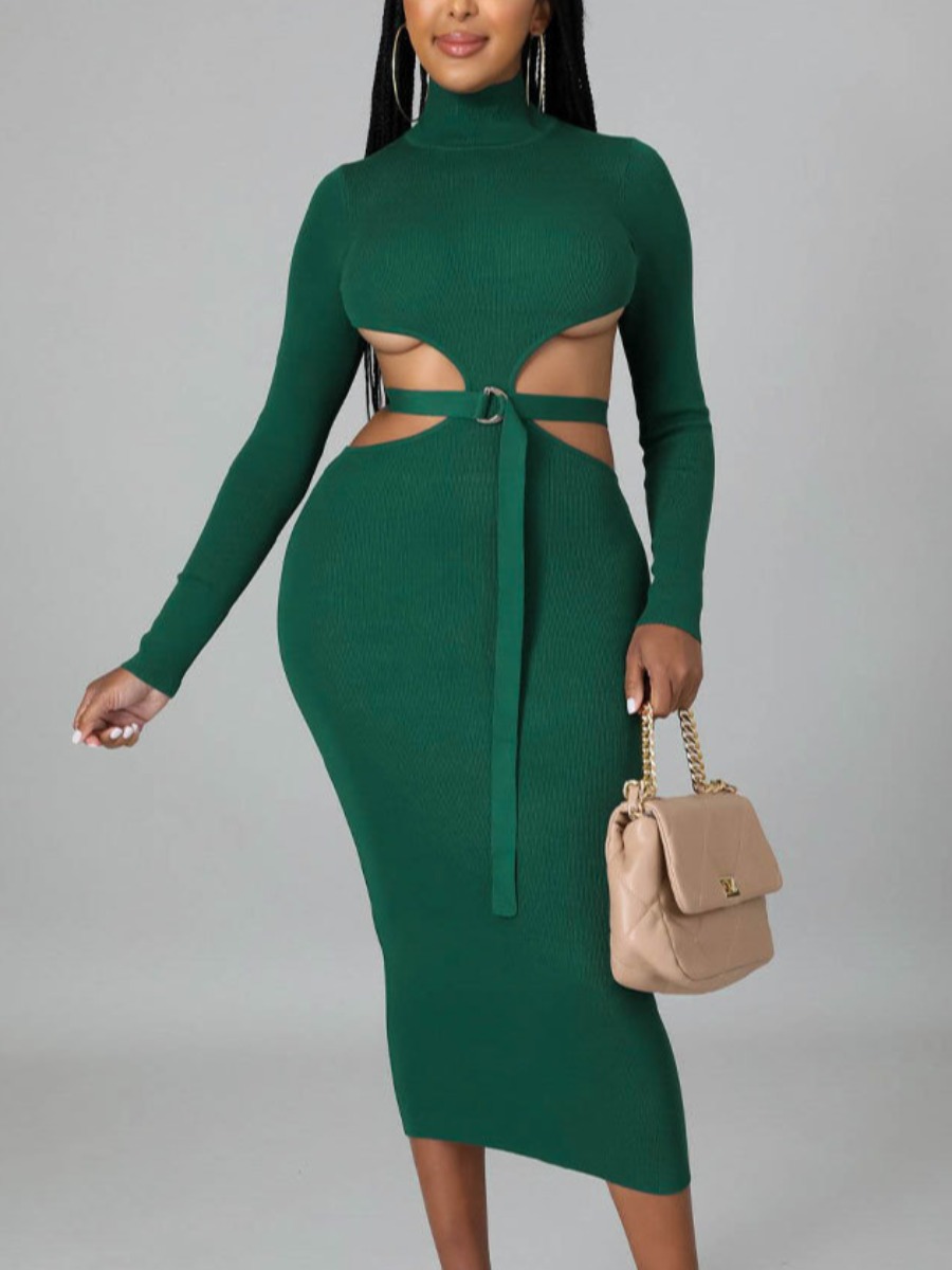 

LW SXY Hollow-out Buckle Design Bodycon Dress, Green