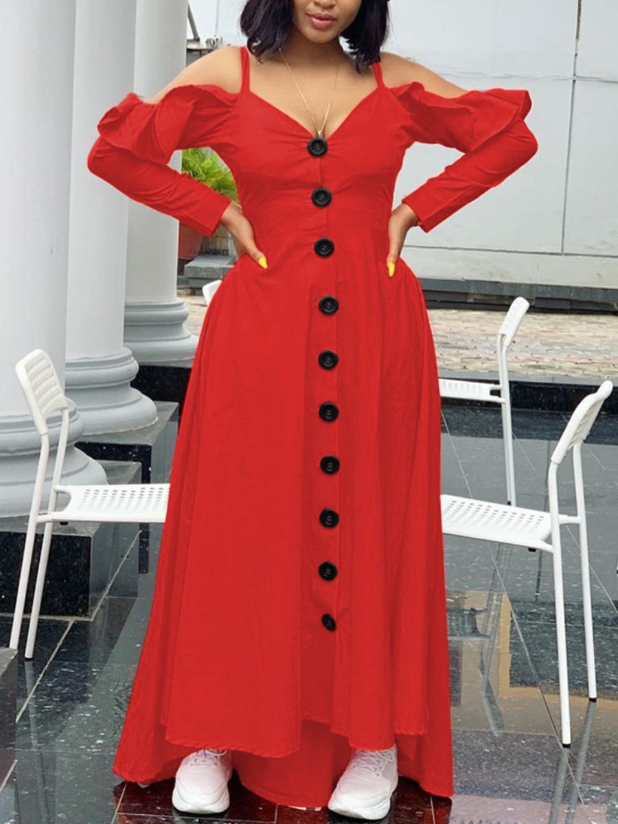 

LW SXY Button Design Ruffle Hem Dress, Red