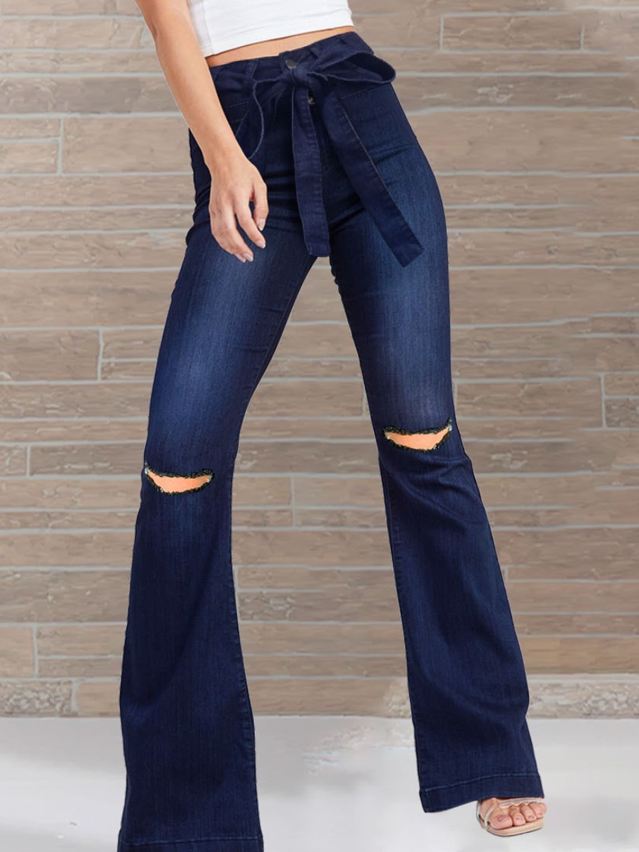 

LW Casual Denim Ripped Bandage Flared Jeans, Blue black