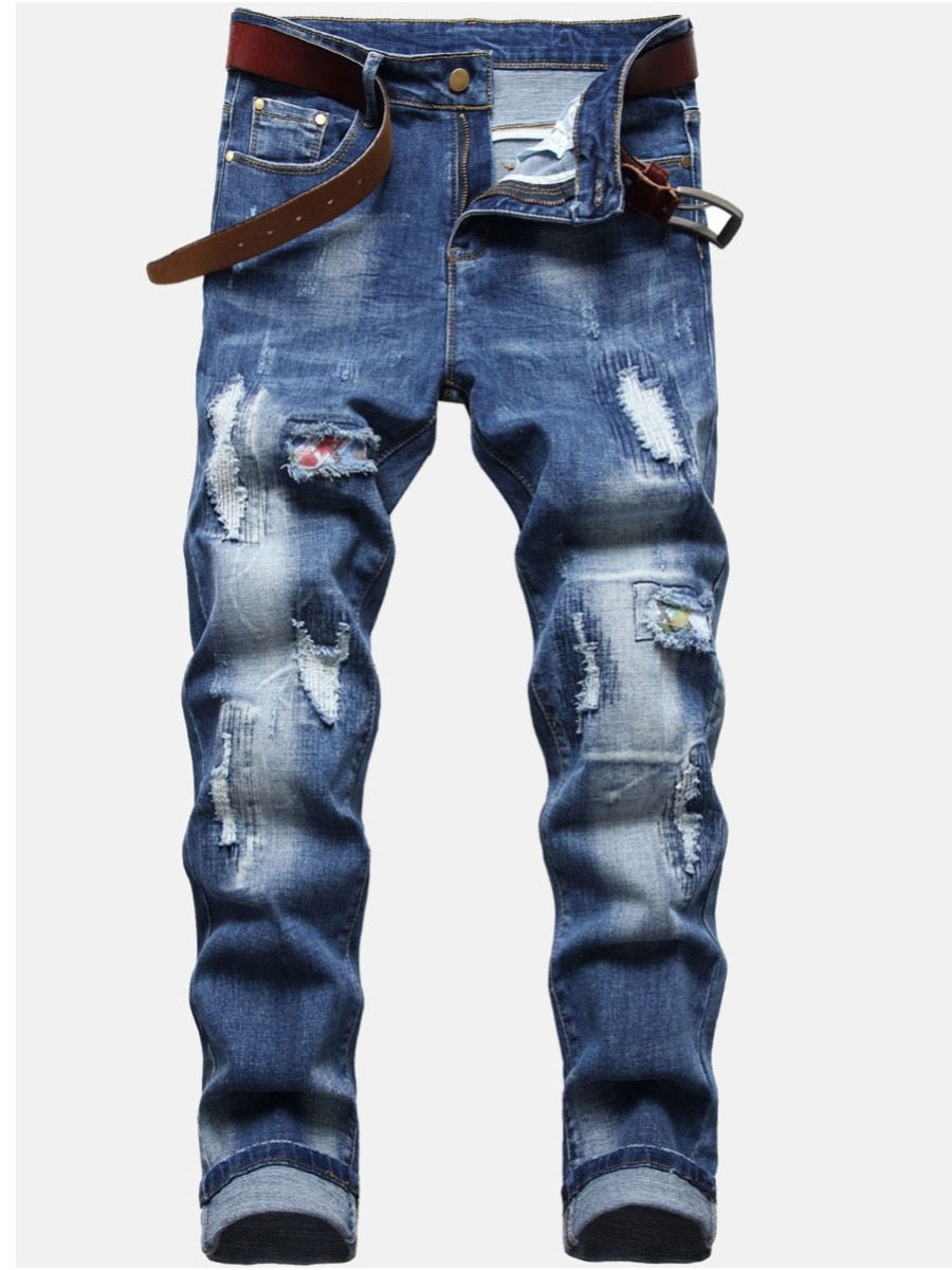 

LW Men Mid Waist Stretch Ripped Denim Jeans, Baby blue