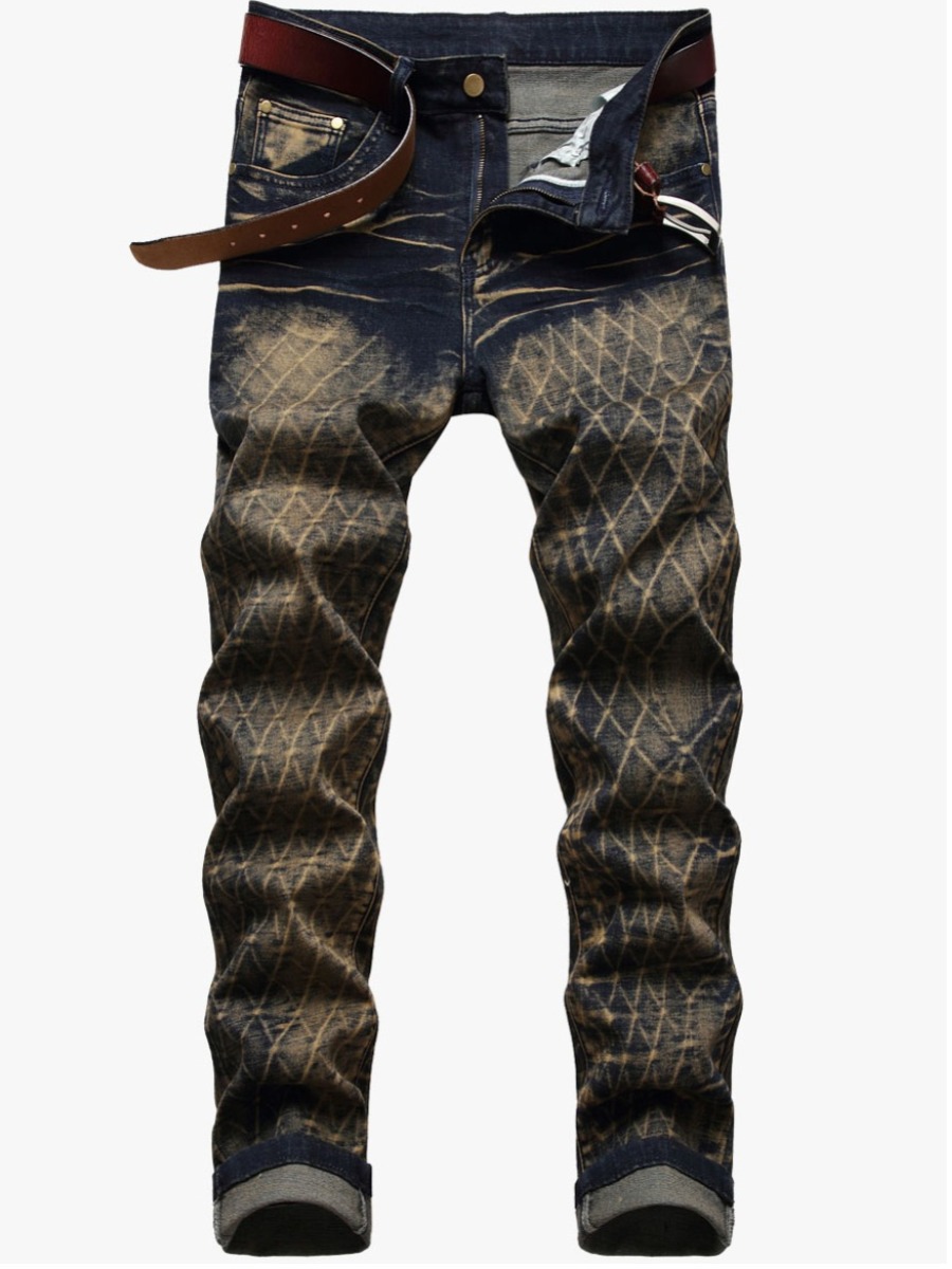 

LW Men Street Stretchy Denim Plaid Pattern Jeans, Blue