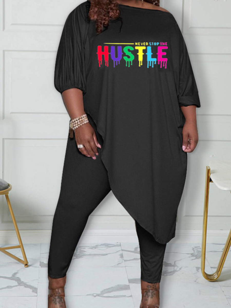 

LW Plus Size Letter Print Asymmetrical Pants Set, Black