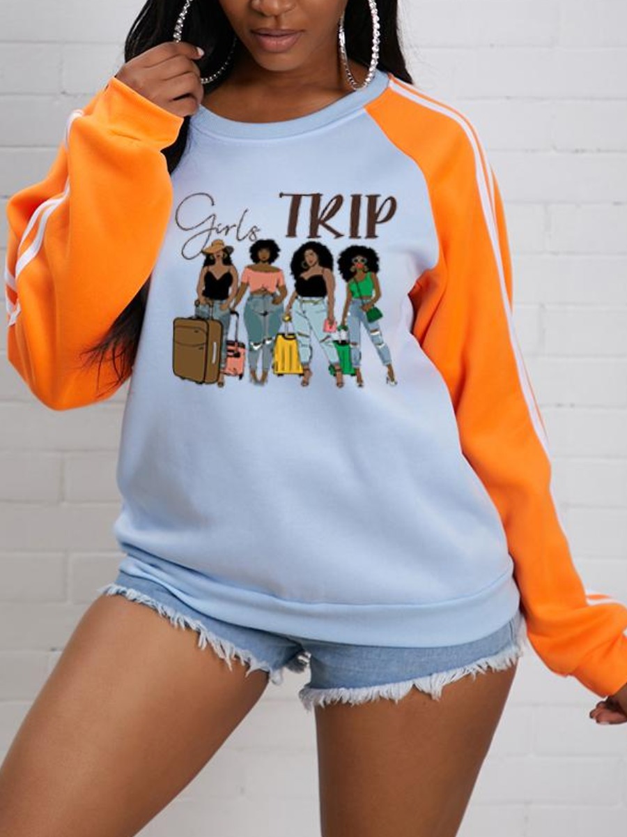 

LW Letter Print Striped Patchwork Sweatshirt, Baby blue