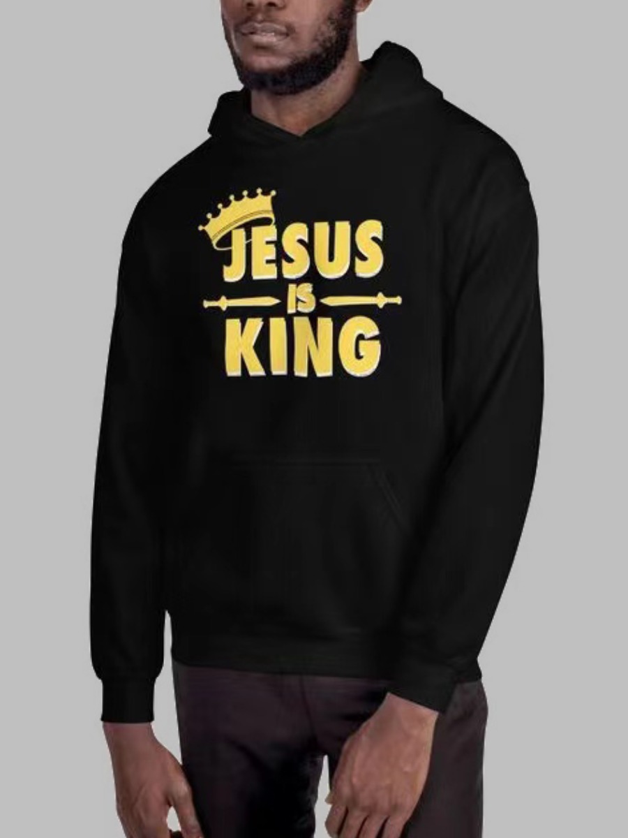 

LW Men Hooded Collar Letter King Print Hoodie, Black