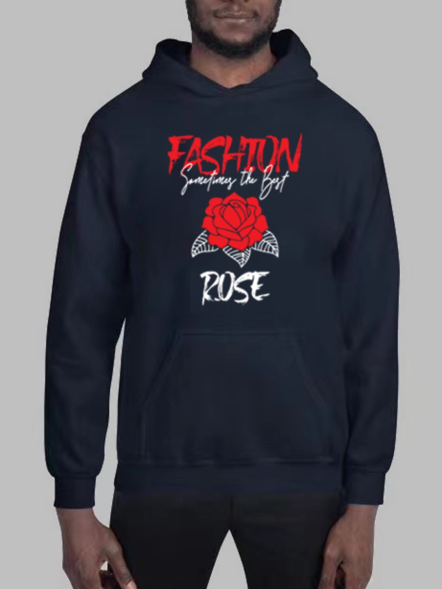 

LW BASICS Men Letter Rose Flower Print Hoodie, Black