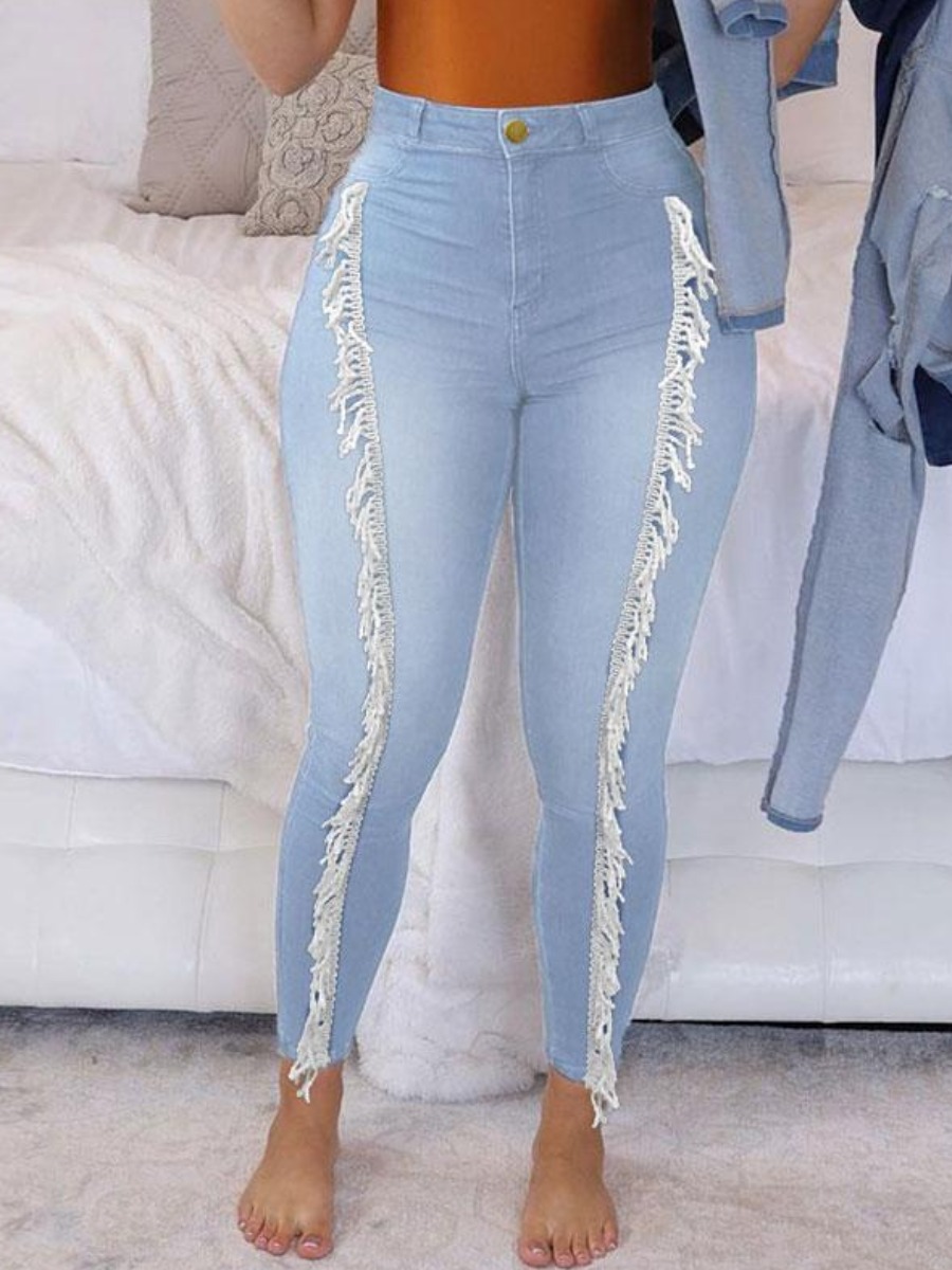 

LW Tassel Design Basic Skinny Jeans, Baby blue