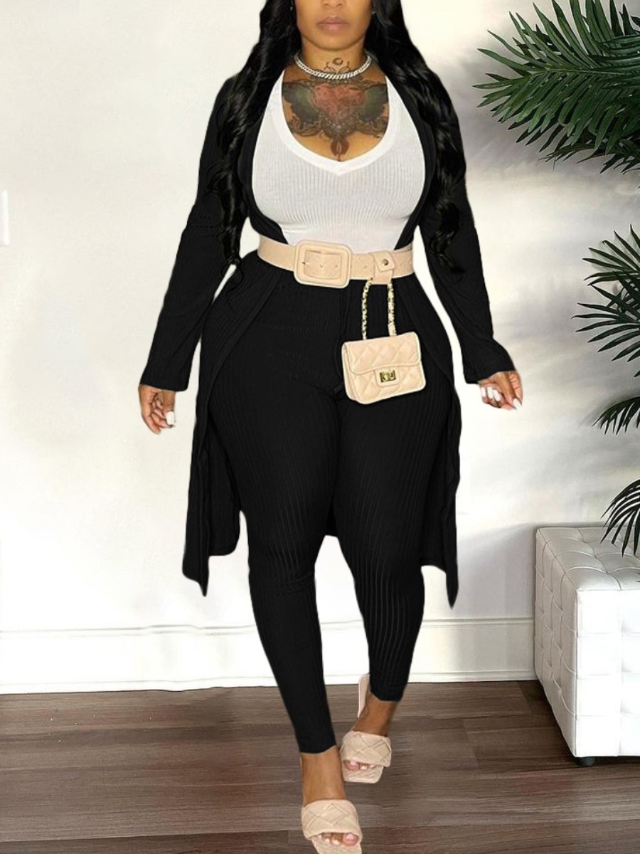 

LW Rib-knit Basic Skinny Three-piece Pants Set, Black