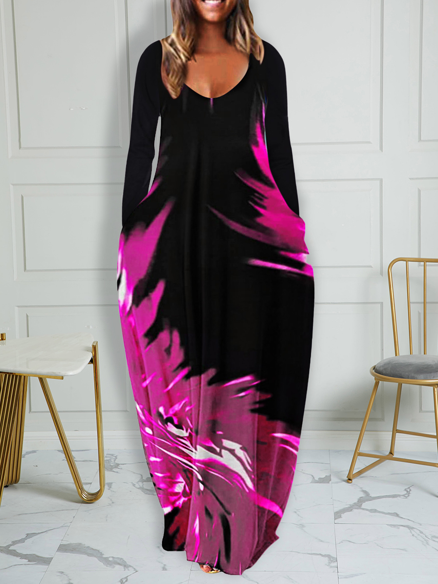 

LW Plus Size Feather Print Pocket Design Dress, Rose red
