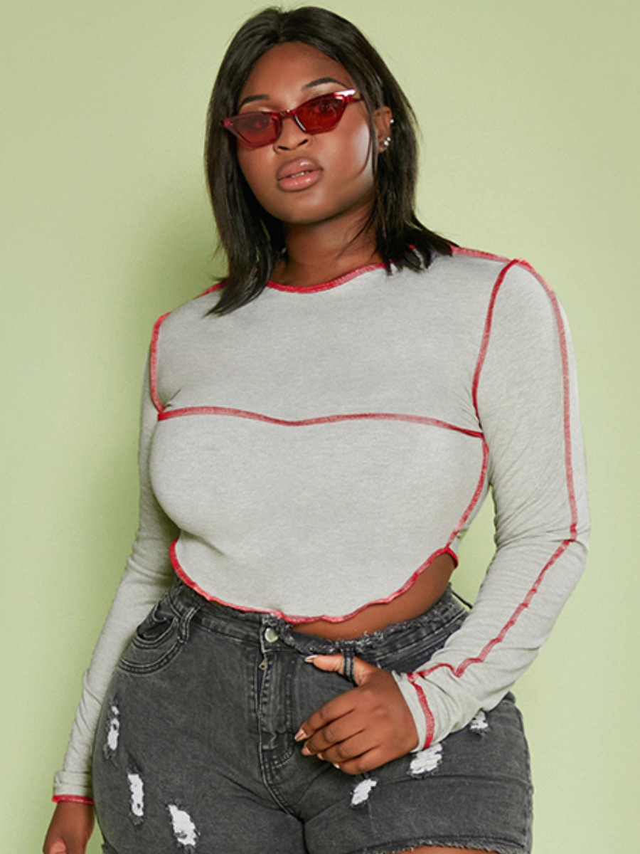 

LW Plus Size Round Neck Striped Sweatshirt, Grey