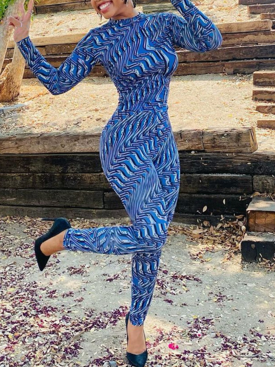 

LW Wavy Print Skinny Pants Set, Blue