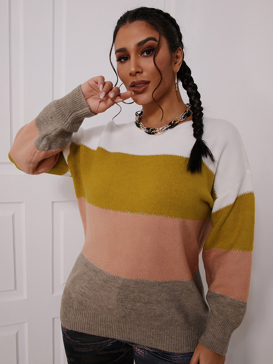 

LW Round Neck Striped Patchwork Sweater, Multicolor mstn