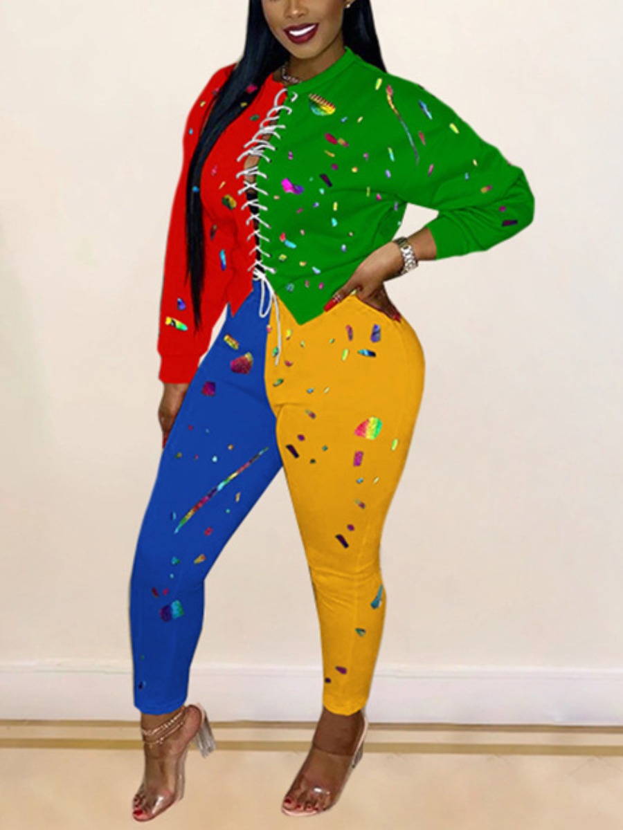

LW Graffiti Patchwork Bandage Pants Set, Green