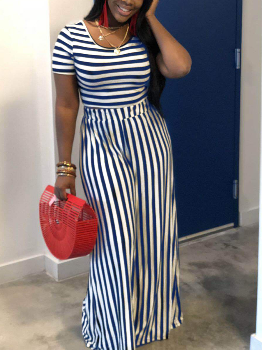 

LW Casual O Neck Striped Loose Blue Two Piece Pants Set