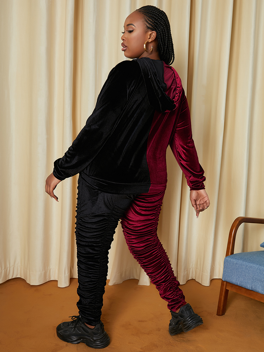 LW Plus Size Velvet Hooded Collar Ruched Pants Set 4X