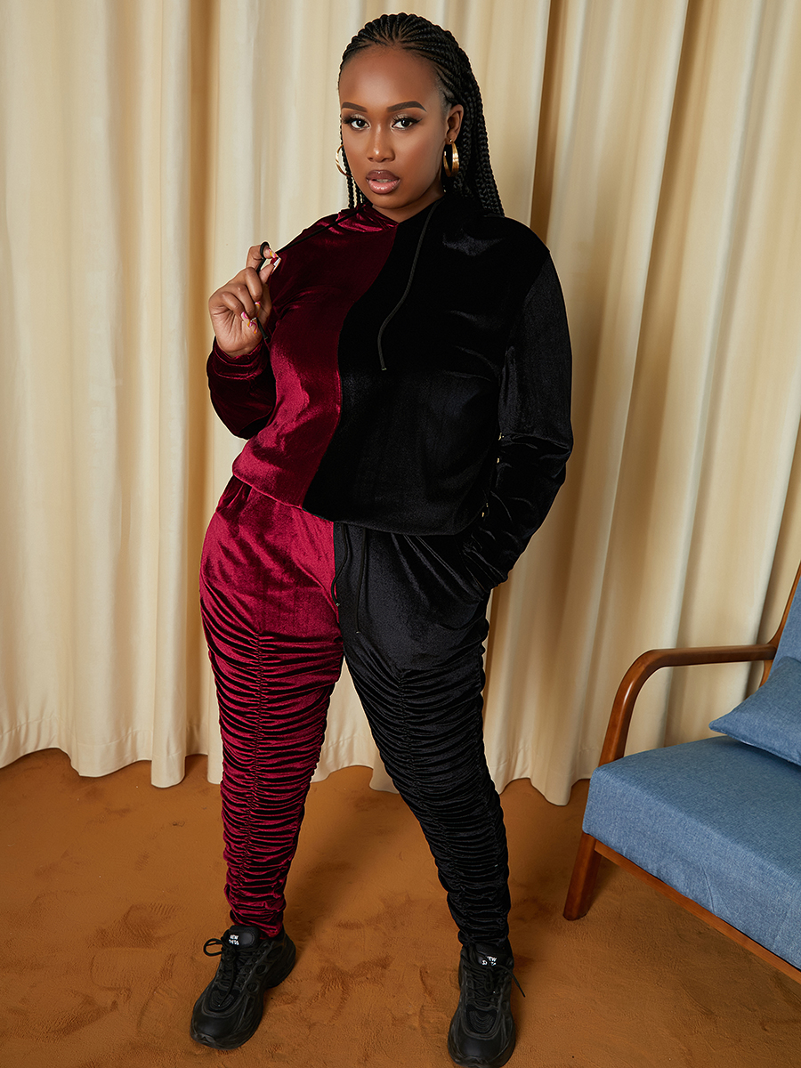 LW Plus Size Velvet Hooded Collar Ruched Pants Set 4X