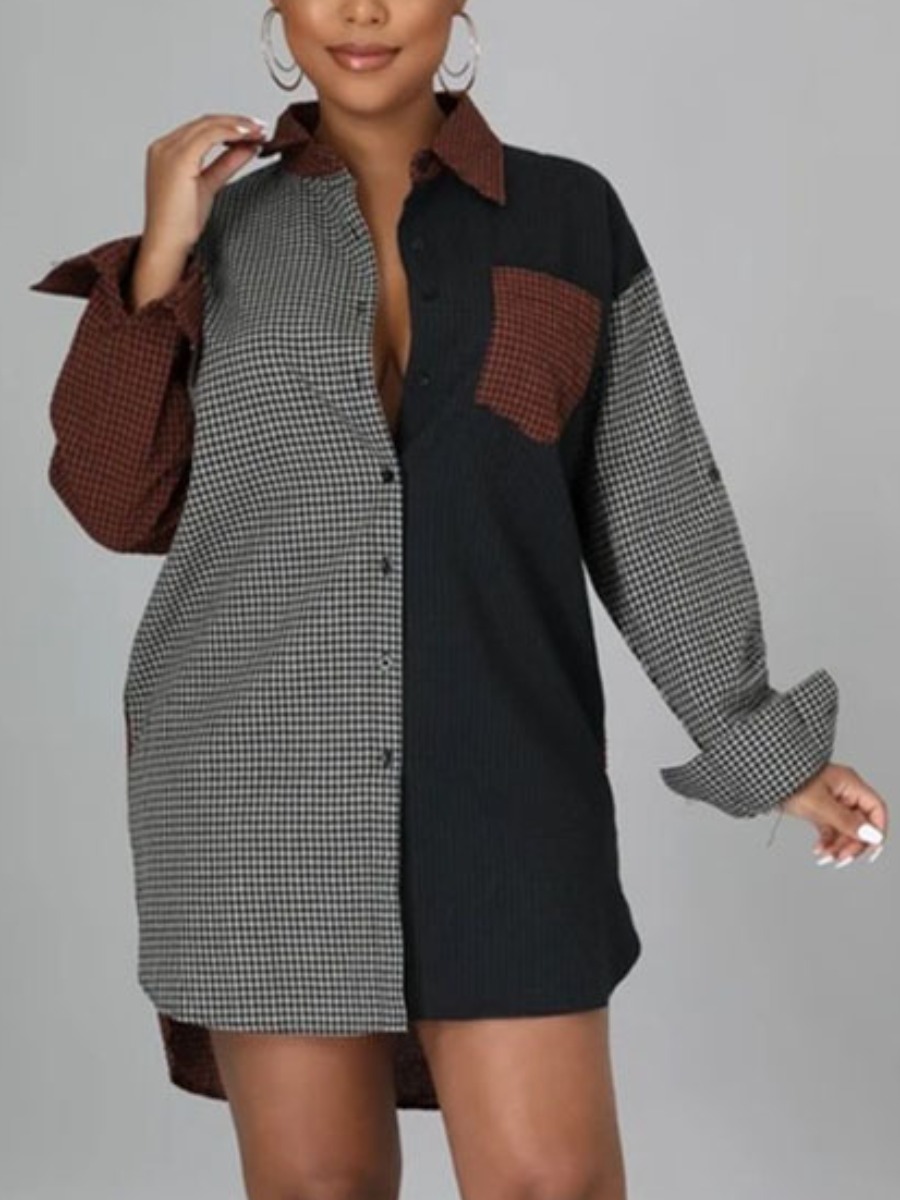 

LW Pocket Design Plaid Patchwork Shirt Dress, Brown