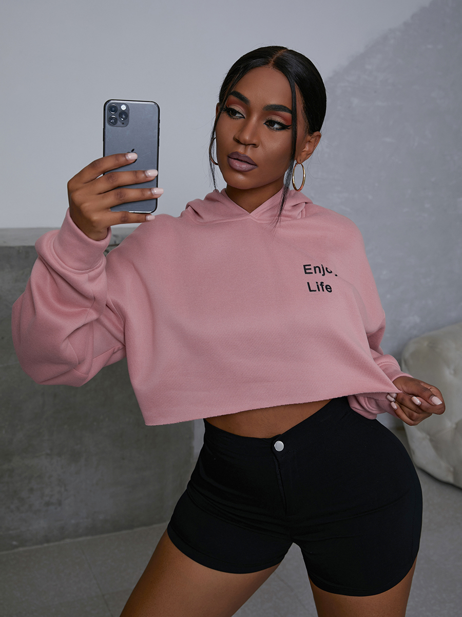 

LW COTTON Letter Print Oversized Hoodie, Dark pink